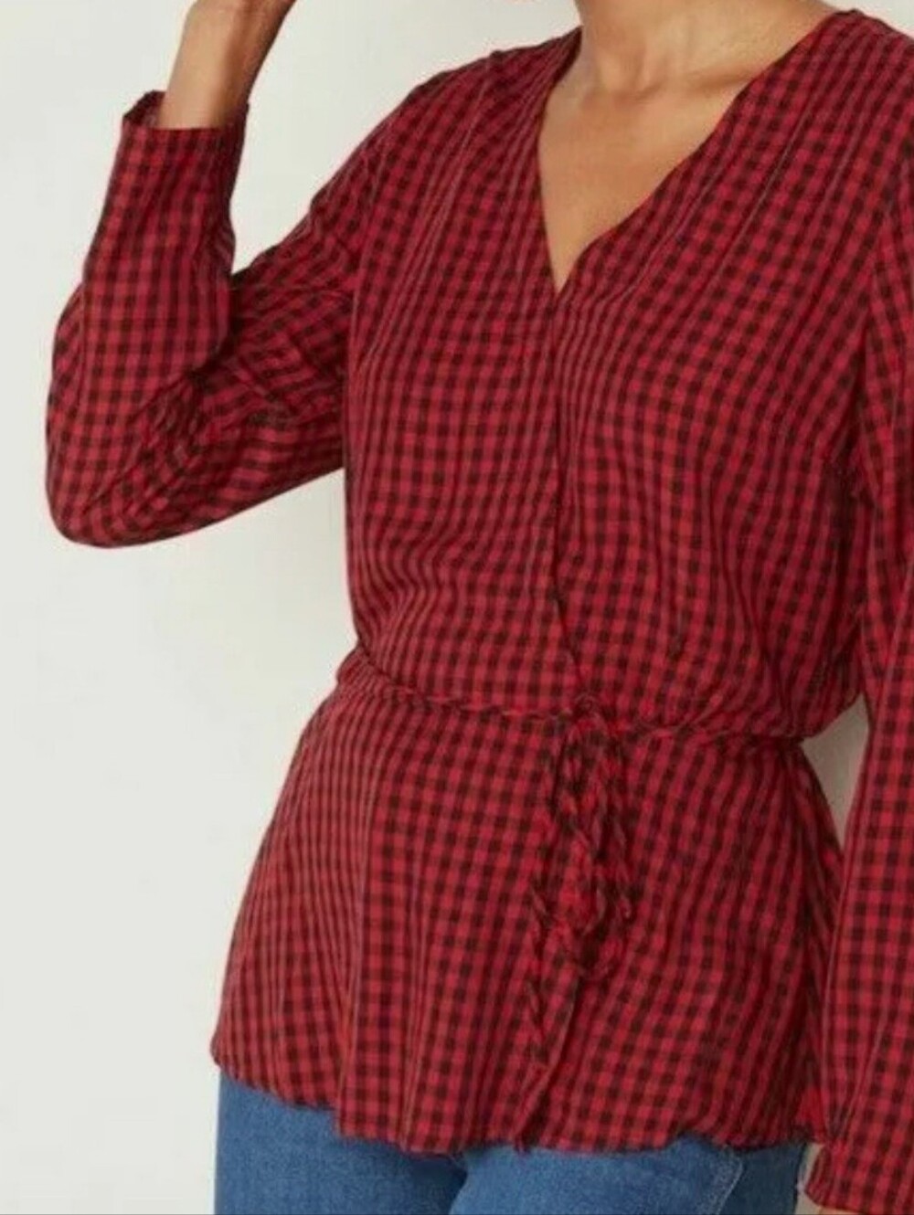 Old Navy XXL Red Black Gingham Wrap Blouse Tie Waist Cottagecore Fall Plaid